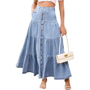 Women Denim Maxi Skirt High Waist A Line Ruffle Tiered Patchwork Light Blue